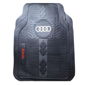 Black Audi heavy duty rubber floor mat with silver rings and red Audi logo.