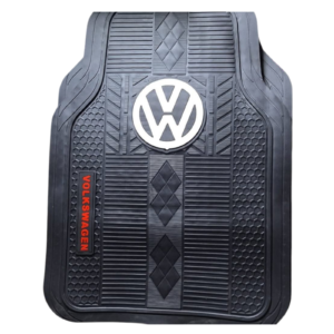 High-quality black VW Heavy-Duty All-Weather Rubber Car Mats featuring the white VW logo and red Volkswagen branding.