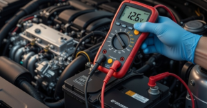 Checking car battery voltage with a multimeter at Jemspark