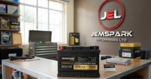 A close-up of a high-quality car battery label showing CCA and Ah ratings at Jemspark.