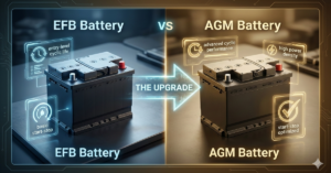 Comparison of EFB vs AGM car batteries showing a performance upgrade for start-stop vehicles.
